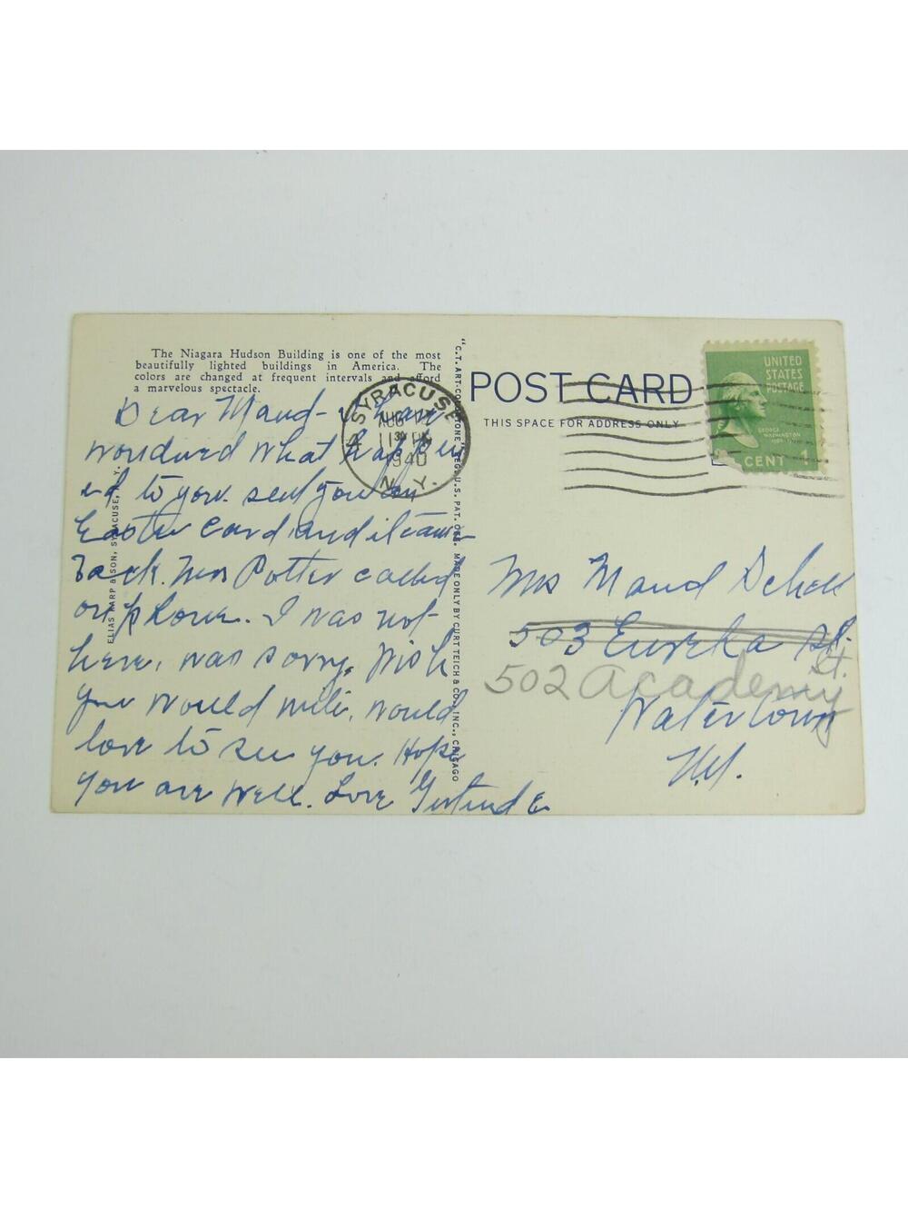 Linen Postcard New York Syracuse Lighting Company Building at Night Vintage 1940 - Picture 10 of 12